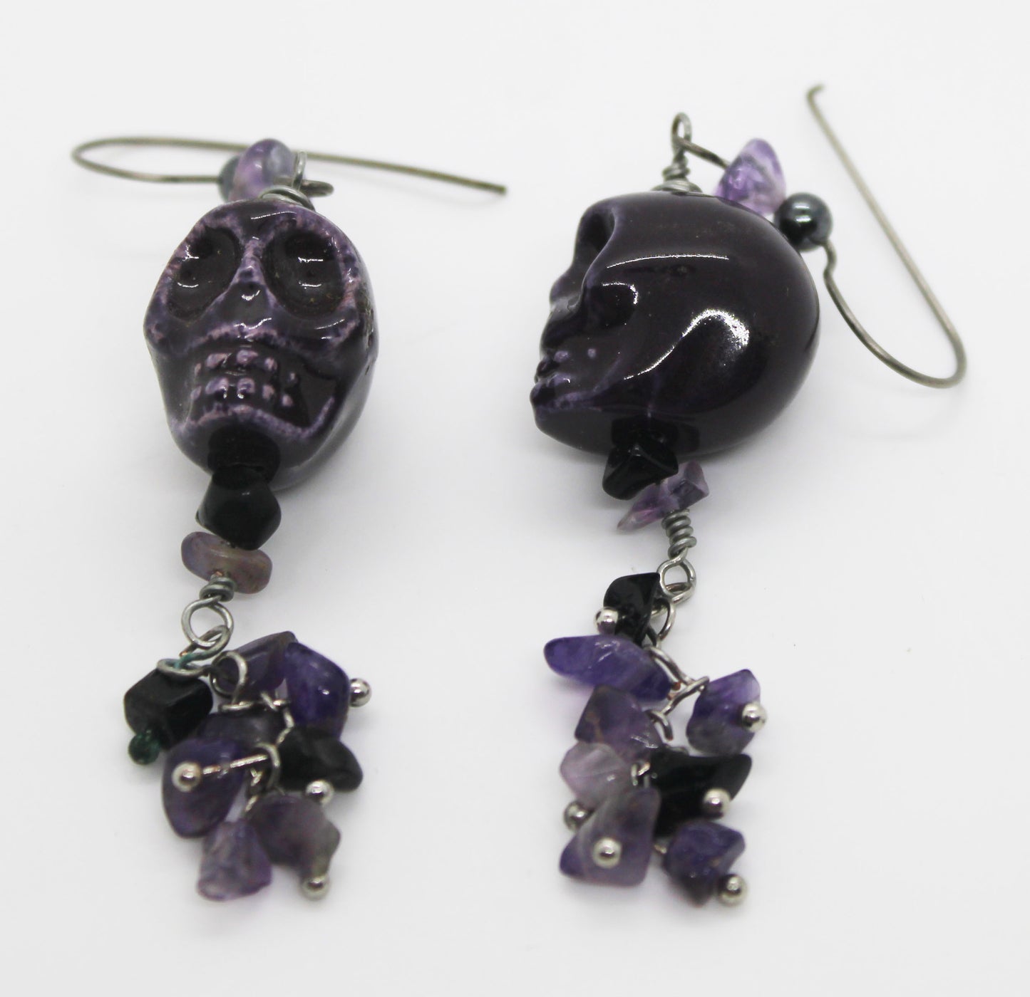 Purple candy skull and amethyst dangle earrings - White Bear Black Wolf