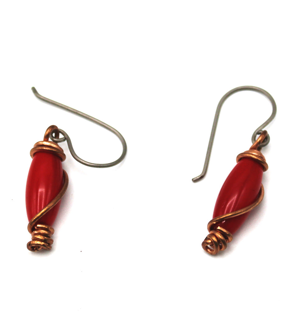 Red Bamboo Coral drop earrings for pierced ears - White Bear Black Wolf