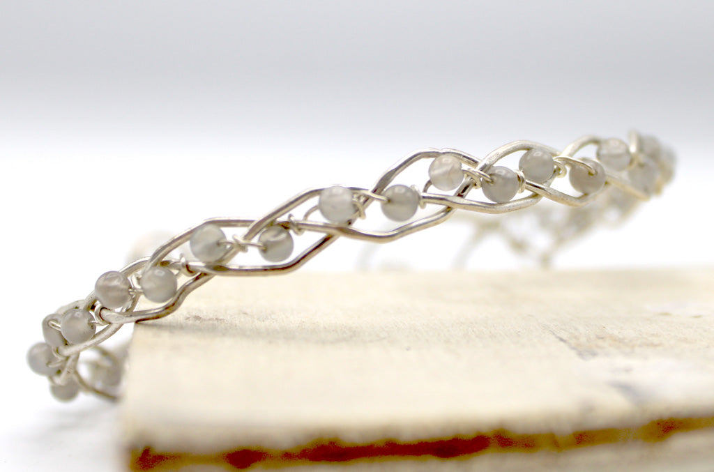 Sterling silver braided bracelet with moonstone - White Bear Black Wolf