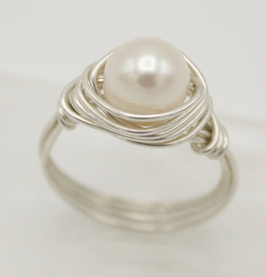 Sterling Silver Pearl Wrapped Ring - White Bear Black Wolf