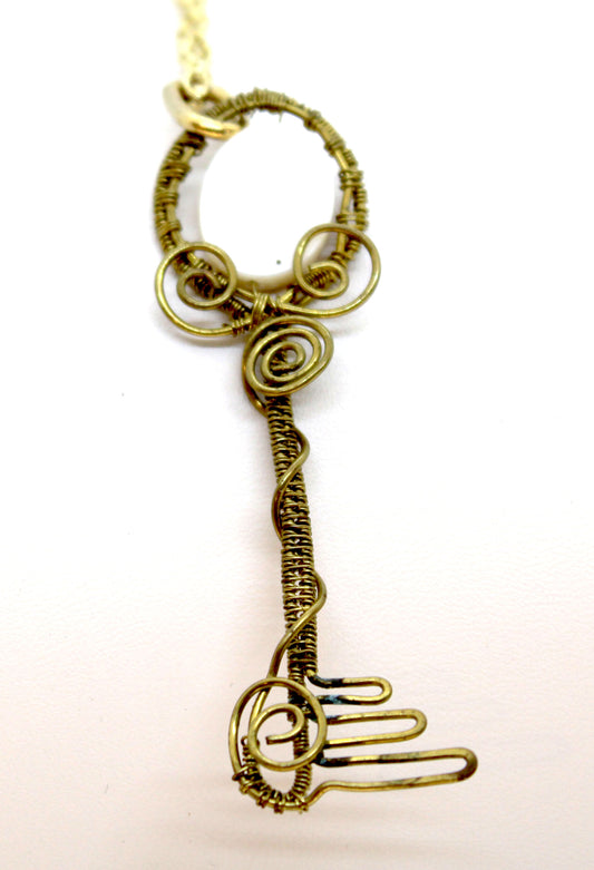 Brass and Bleached Mother of Pearl Key Necklace - White Bear Black Wolf