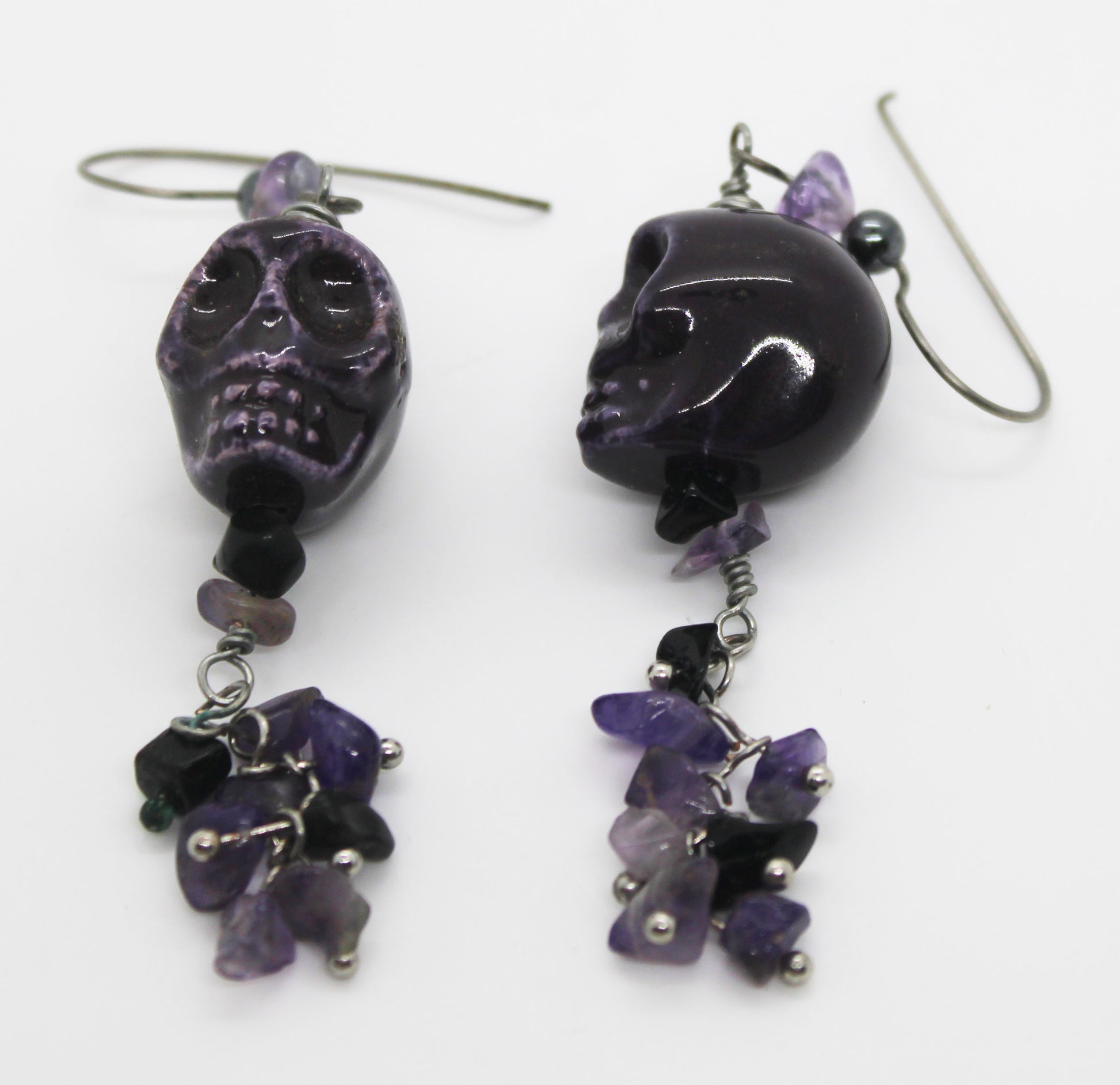 Purple candy skull and amethyst dangle earrings - White Bear Black Wolf