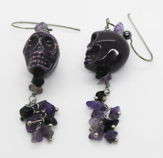 Purple candy skull and amethyst dangle earrings - White Bear Black Wolf