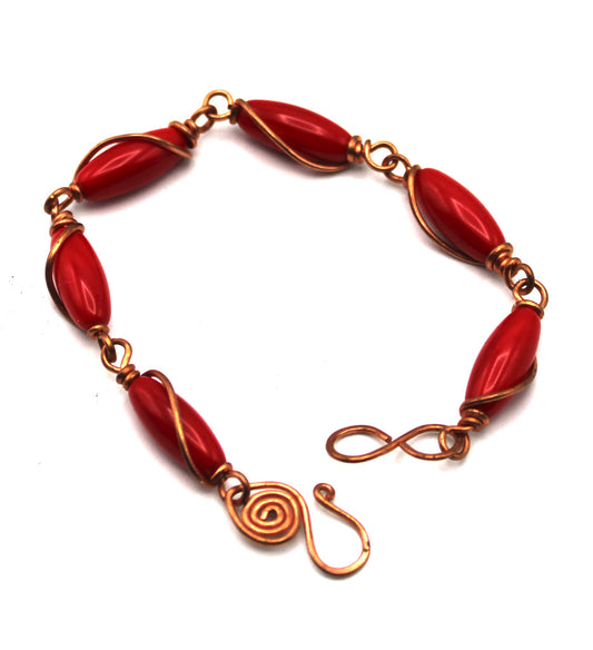 Red Bamboo and upcycled copper bracelet - White Bear Black Wolf