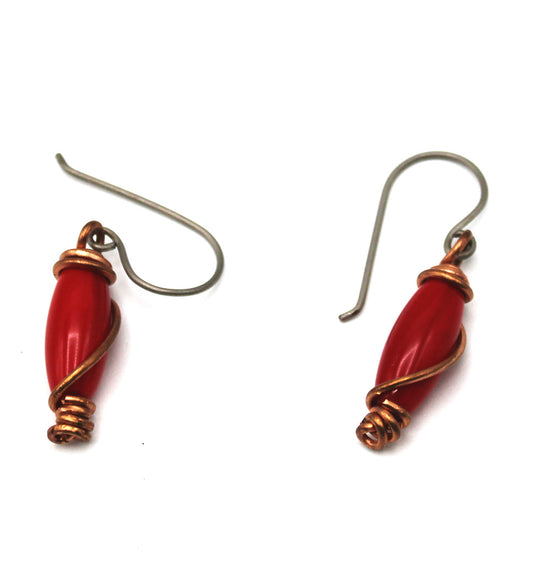 Red Bamboo Coral drop earrings for pierced ears - White Bear Black Wolf