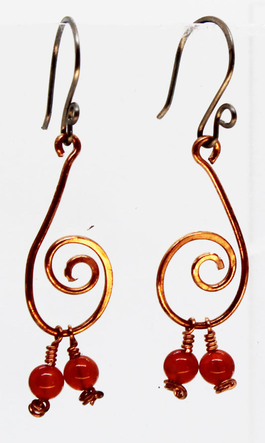 Copper Spiral with Red Agate Dangle Earrings - White Bear Black Wolf