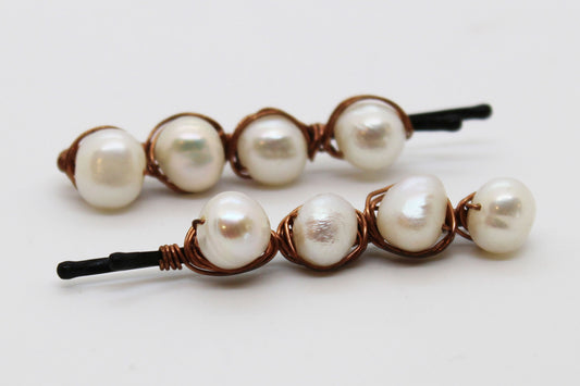 Freshwater Pearls and Copper hairpin - White Bear Black Wolf